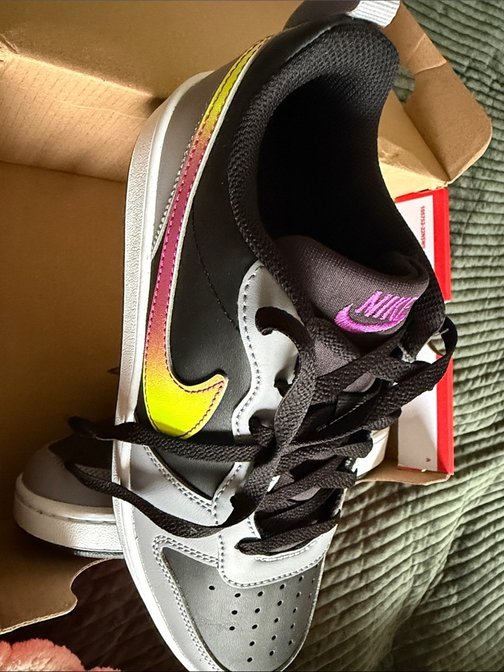 NWT!! Nike Low-Top Athletic Sneakers - Black, Gray with Pink-to-Yellow swoosh - Picture 3 of 4